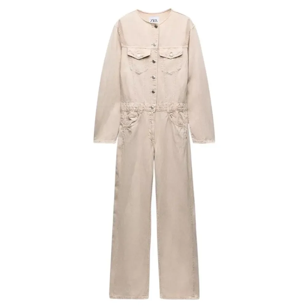 Zara NWT Beige‎ Denim Linen Blend Jumpsuit XS